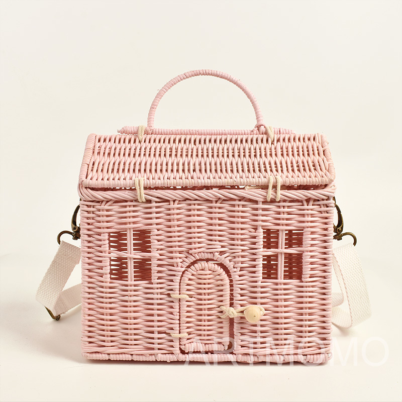 

Cute House Shape Rattan Women's Shoulder Bag Wicker Woven Handbag Crossbody Bags for Women 2021 Straw Bag Handmade Travel Bag C0308, Pink