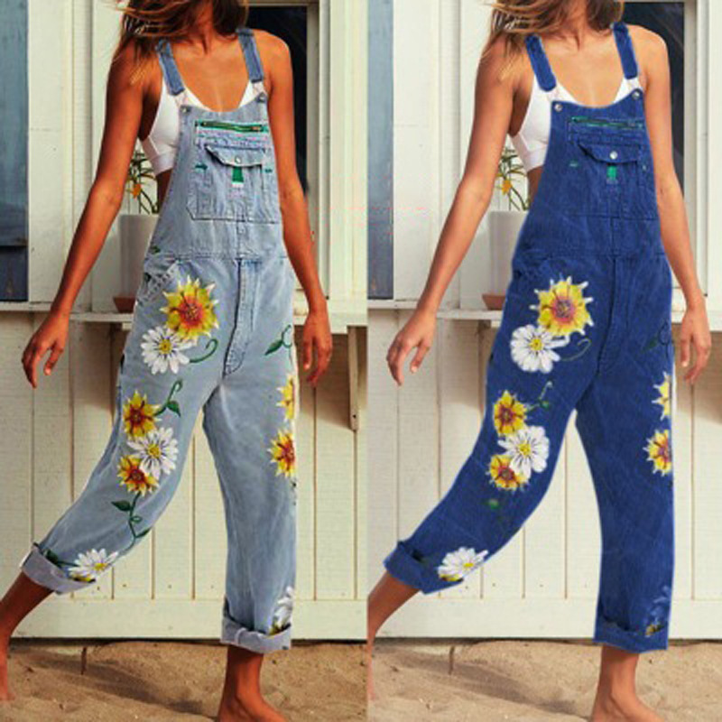 

QNPQYX Fashion Women Pants Ladies Baggy Denim Jeans Bib Full Length Overall Flower print Loose Casual Jumpsuit, Pink