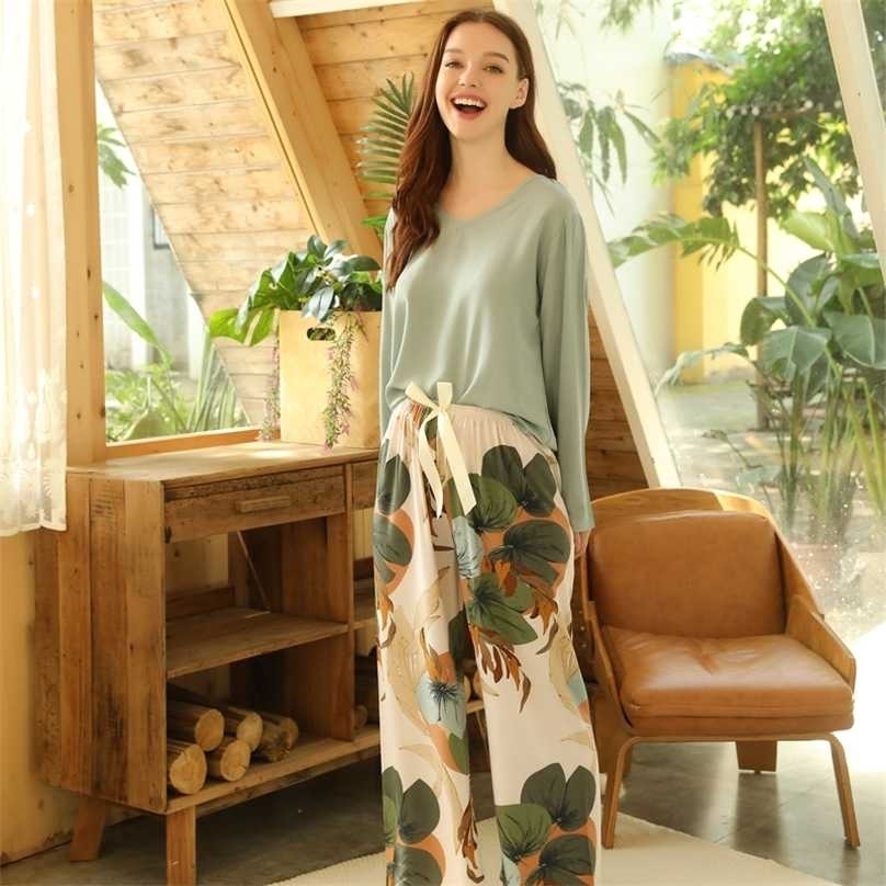 

Spring Summer Floral Printed Pyjama Sleepwear Female Casual V Neck Long Sleeve Elastic Waist Nightwear Retro Women' Pajamas Set 211109, Color03
