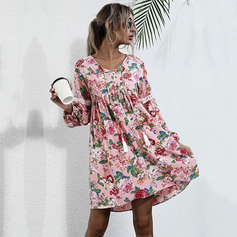 

2021 New Autumn Floral Print Mini Women Fashion V-neck Long Sleeve Elegant Boho Ladies Es Casual Beach Holiday 3yk4, Black