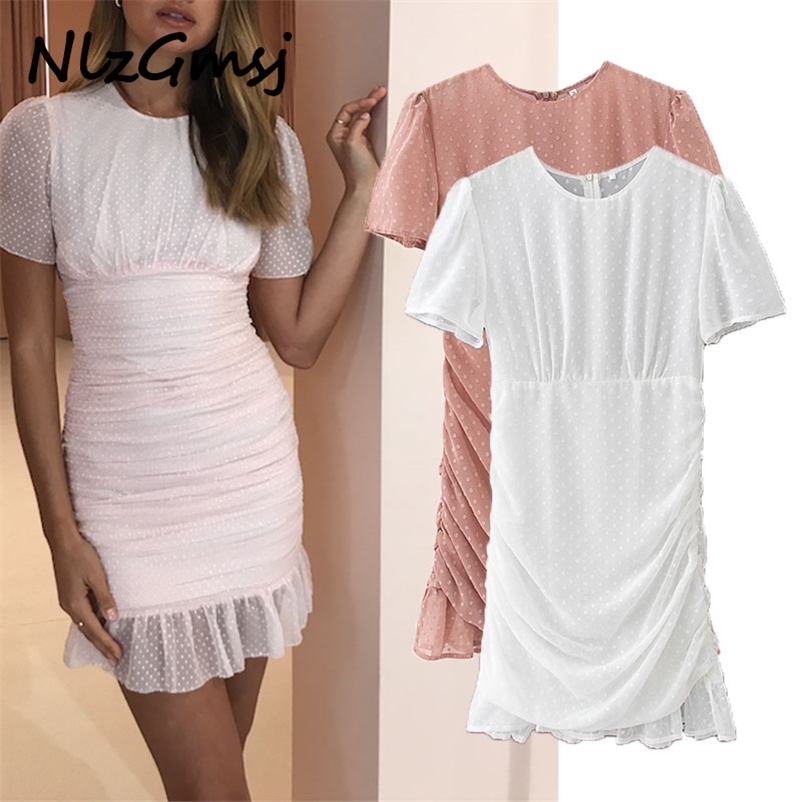 

Bodycon Dress Chiffon O Neck Ruffle Mini Party Short Sleeve Sheath Dot Women Vestidos Mujer 03 210628, As picture