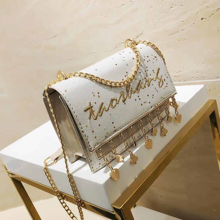 

Sequined Handbags 2021 New Fashion Ribbon Bow Small Square bag High-quality PU Leather Sweet Women bag Tassel Chain Shoulder Bag, Black