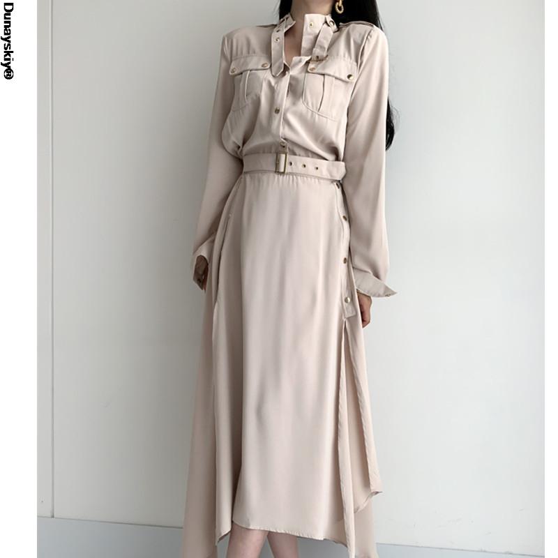 

Casual Dresses Vintage Cargo Dress Woman With Belt High Waist Single-breasted Vestidos Clothing Korean Chic OL Black Maxi Female