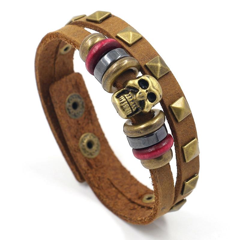 

Charm Bracelets 2021 Skull Rivet Leather Bracelet Men's Jewelry