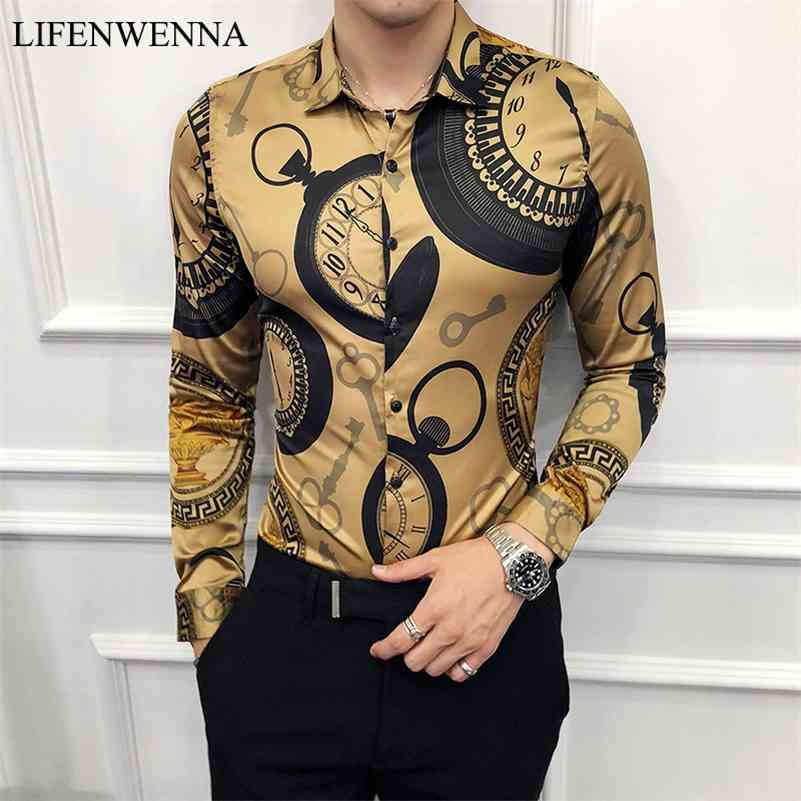 

M-6XL Luxury Gold Print Casual Shirt Men Fashion Party Long Sleeve Shirt Slim Fit Tuxedo Shirts Night Club Work Social Shirt 210628, 1914c black