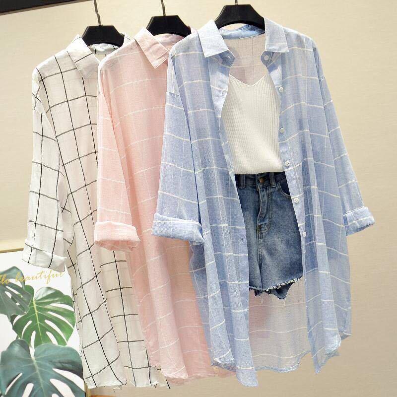 

Women's Blouses & Shirts Women 2021 Summer Fashion Plaid Female Loose Casual Thin Cardigan Tops Long Sleeve Sun-protective Jacket Blouse L46, Blue