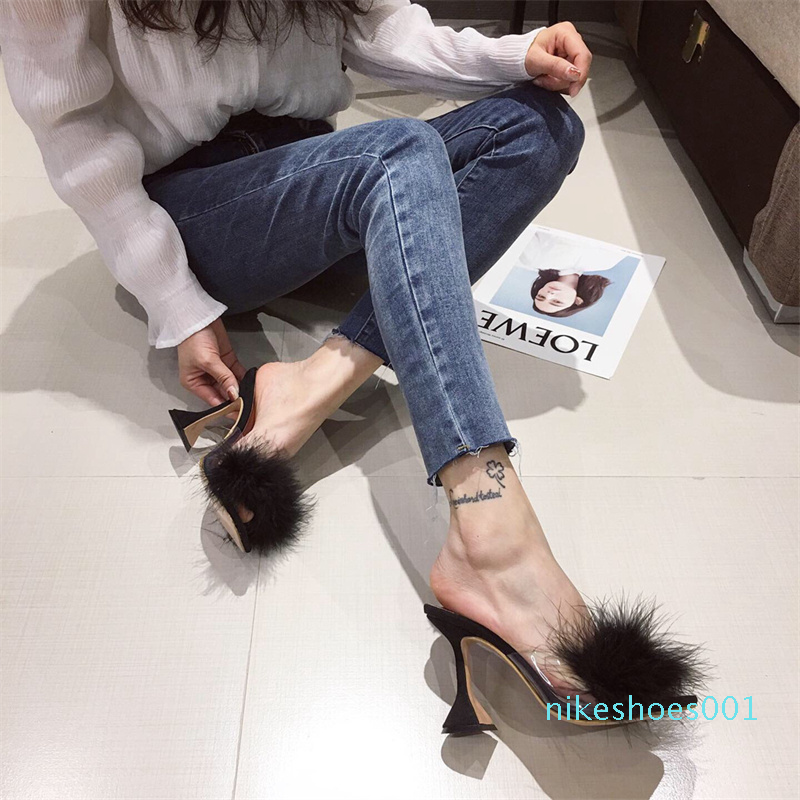 

Sandals Luxury Designer Slippers sexy lace up holes shoes villus couple for summer wholesale High heel Feathers Beach Bath outdoor Hairy 11, Make up freight