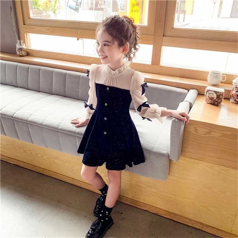 

Navy Blue Party Dress For Girls Autumn Bowknot Long Sleeve Kids Clothing Classic Kids Dresses for Girls 4 5 7 9 11 13 Years Old 201204