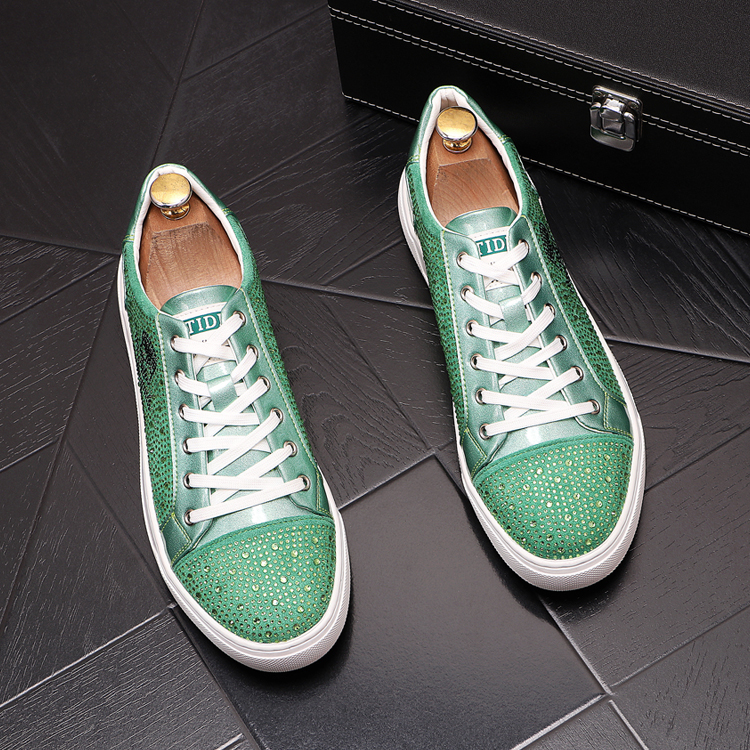 

Luxury Designer Leather Diamond Wedding Party Dress Oxford Shoe Rhinestone Fashion Skull Mens Flat Loafers Lace Up Casual Sneakers B52, Green