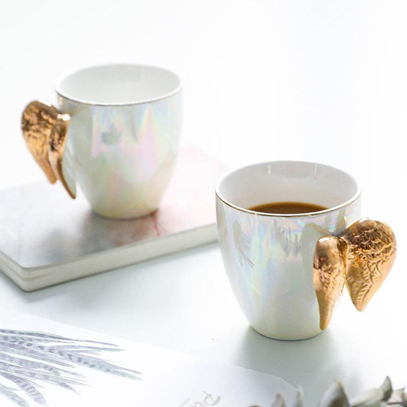 Mugs Fairy Mug Golden Angel Wings Ceramic Pearl Glaze Creative Coffee Milk Tea Wedding Gift Cup-image-736465110