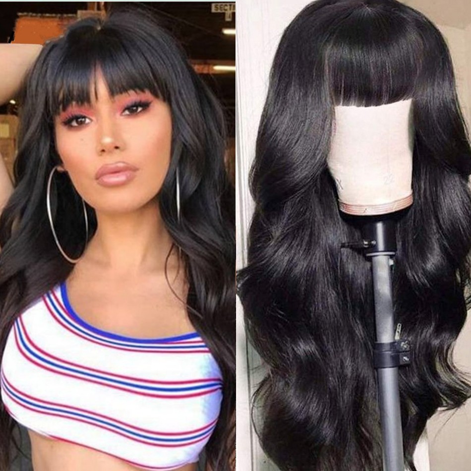 

Mongolian Body Wave Human Hair Wigs with Bangs None Lace Glueless Wig Machine Made 10-24 inch, Natural color