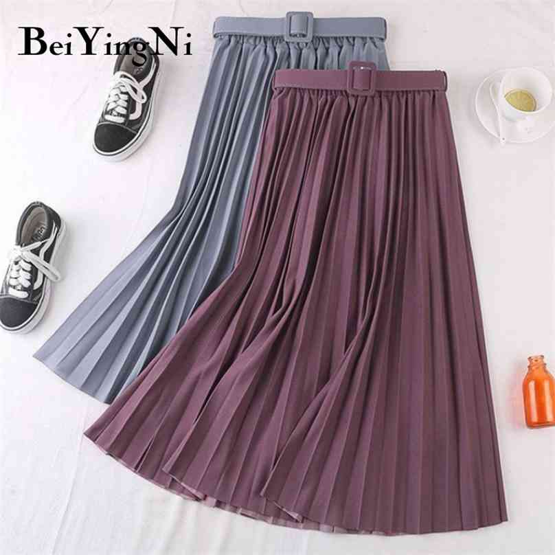 

Beiyingni Autumn Summer Women Skirt Midi With Belt Pleated Female Skirts Casual Luxury Korean Faldas Ladies Saias Chic Jupe 210629, Pink tulle