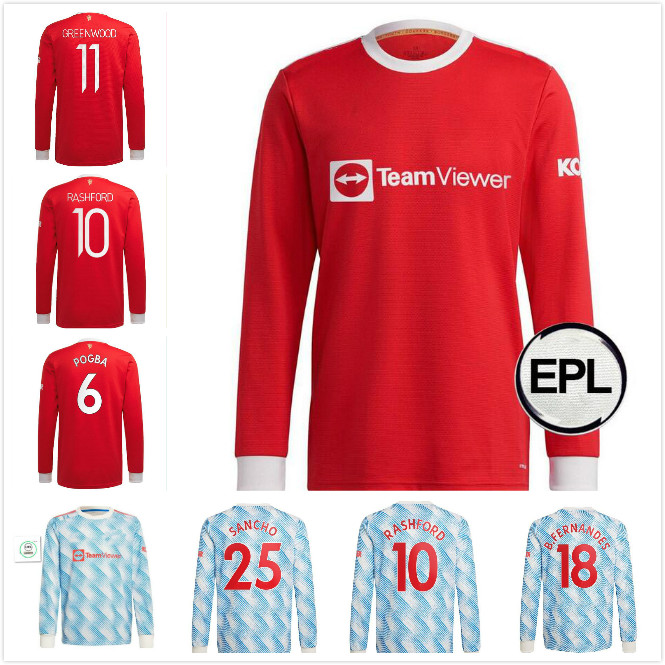 

Long Sleeve Manchester #25 SANCHO Home Red Soccer Jersey 2021/2022 #11 GREENWOOD #18 B.FERNANDES Men Adult Soccer Shirt 21/22 #10 RASHFORD #6 POGBA football Uniform+patch