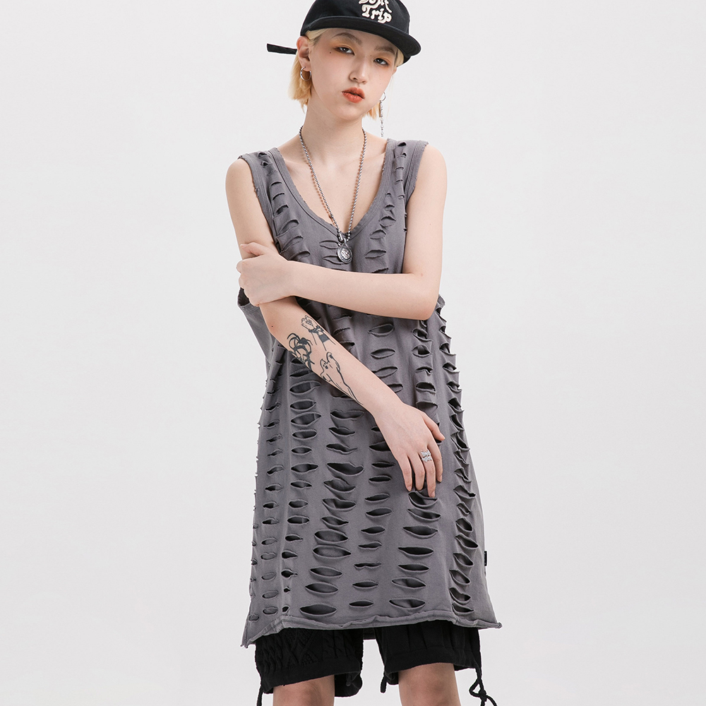 

2021 New Sleeveless Summer Top Clothes Funny Womens Black Shirts Oversized Hollow Out Solid Streetwear Shirt Clothing Vest 9b91, Gray