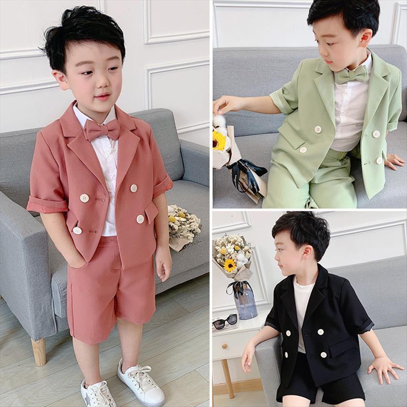

Summer Children Korean Short Sleeve Suit Set Boys Double Breasted Blazer Shorts Clothing Kids Party Performance Costume, Color2