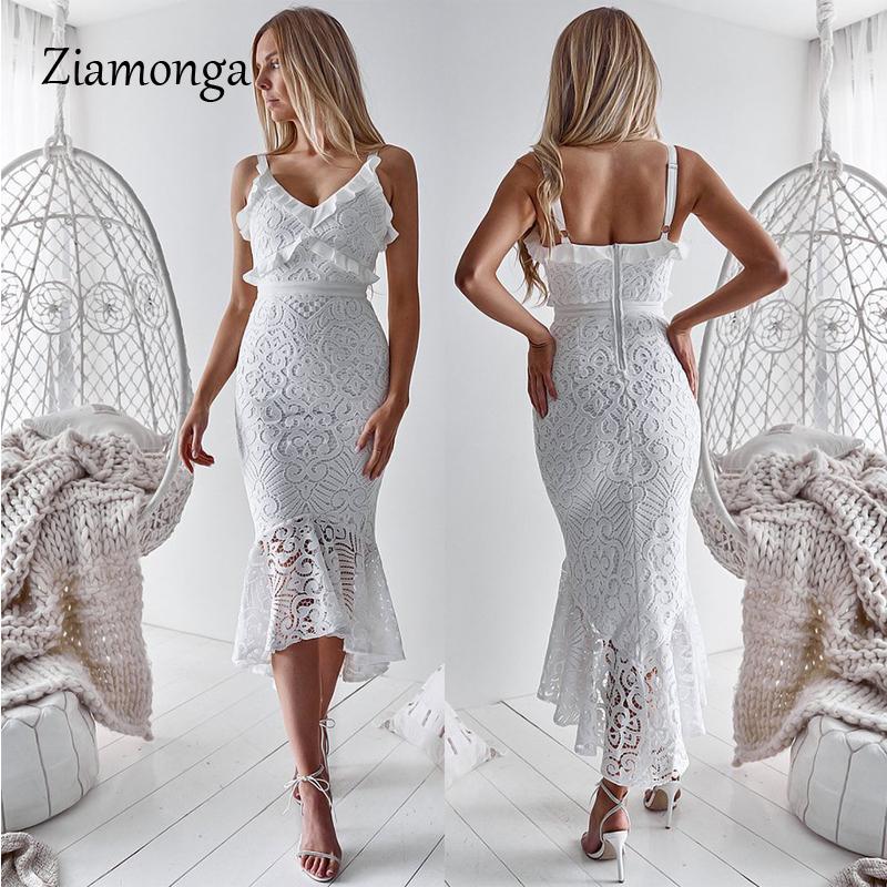 

Ziamonga 2021 Summer Sexy V Neck Off Shoulder Lace Dresses Female Knee Length Dress Elegant Hollow Out Dress Women Sexy Vestidos, White