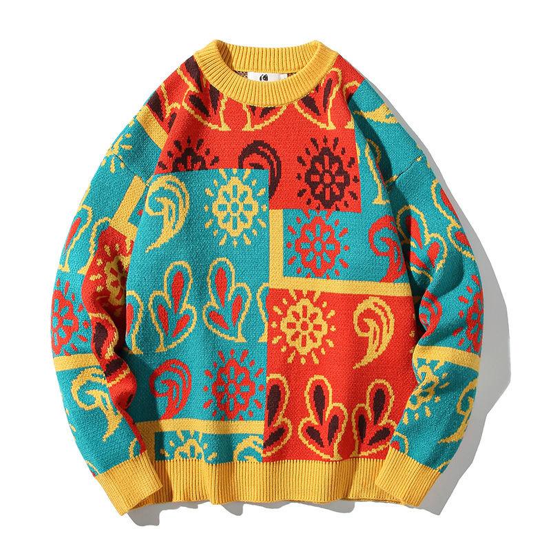 

Men's Sweaters Round Neck Knitted Autumn Winter Retro Printed Tops Trend Casual Streetwear Long Sleeve Pullover Oversize Clothes, Yellow
