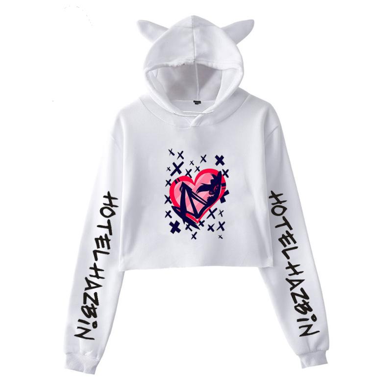 

Men's Hoodies & Sweatshirts Helluva Print Cat Cropped Girl Long Sleeve Hooded Pullover Crop Tops Sweet Sexy Loose Tide Style 2021 Cloth, Black