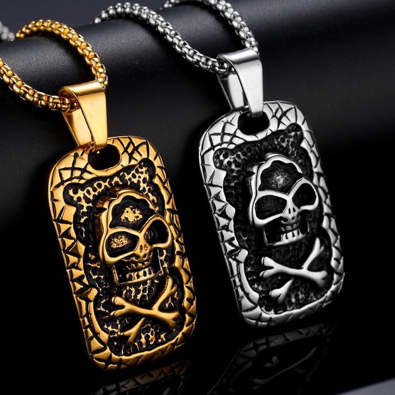 

Pendant Necklaces Hip Hop Rock Pirate Skull Necklace Gold Silver Color Stainless Steel Square Pendants Dog Tag For Men Jewerly