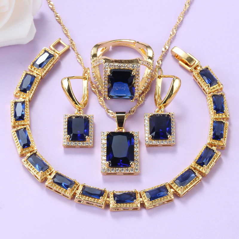 

Dubai Gold-Color Jewelry Sets For Women 2020 New Fashion Accessories Blue Cubic Zirconia Earrings And Necklace Bracelet Ring Set H1022, White