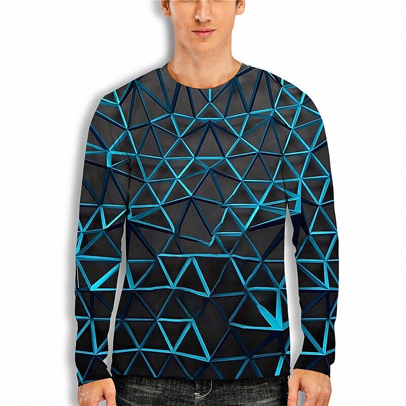 Men's Daily T shirt 3D Print Geometric 3D 3D Print Long Sleeve Tops Casual Round Neck Blue N4Gw#