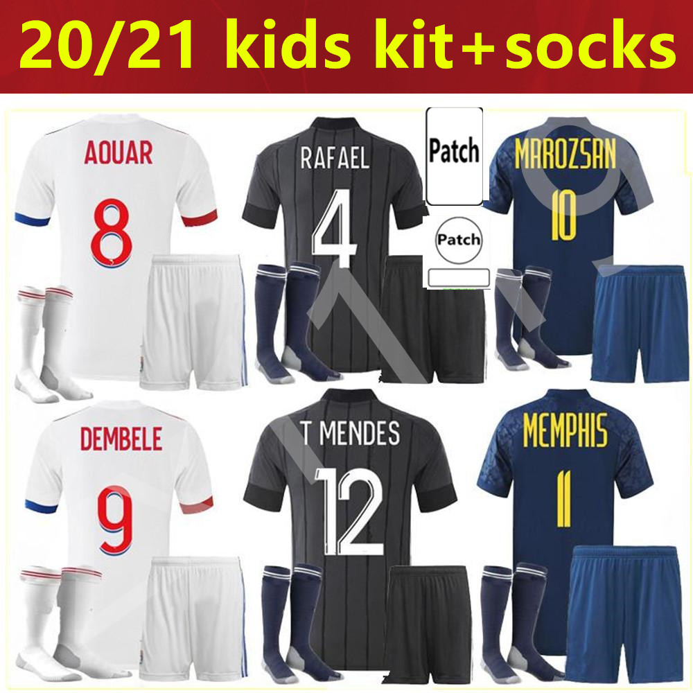 

2021 Olympique Lyonnais LYON MEMPHIS FEKIR Kids kit White Black Soccer Jerseys TRAORE Child set socks OL LYON Football shirt uniform 20 21, Black;yellow