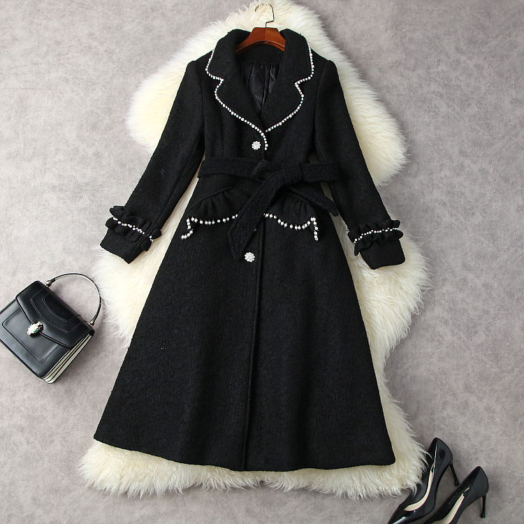 

2021 Autumn Winter Long Sleeve Notched-Lapel Black / Pink Solid Color Belted Beaded Single-Breasted Thick Coat Elegant Long Outwear Coats 21N0512787