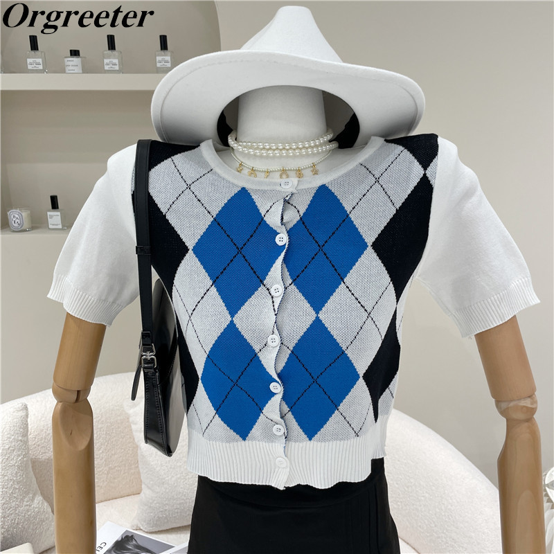 

Contrast color Diamond lattice Knitted Cropped Cardigan Women's Tops Summer Vintage Short Sleeve Single breasted Thin Tshirt 210525, White