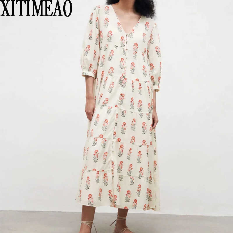 

Za Women Summer Floral Dresses Vintage Print Casual Short Sleeve V Neck Shirt Dress Leisure Vacation Long Skirt 210602, Apricot