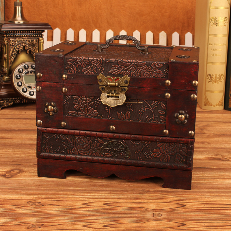

arge wooden jewery box Vintage pattern Cosmetic case with ock Desktop dressing storage box with mirror