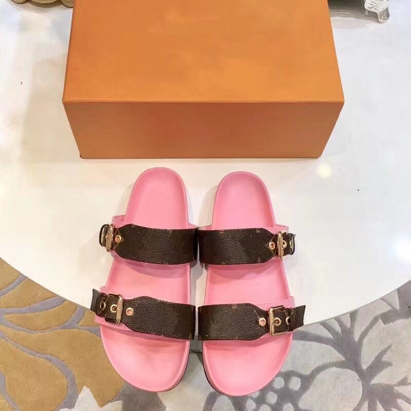 

High Quality Classic Designer sandal Slides Sandals for Women women shoes Summer sexy metal button Outdoor Beach genuine leather buckle platform slippers with box