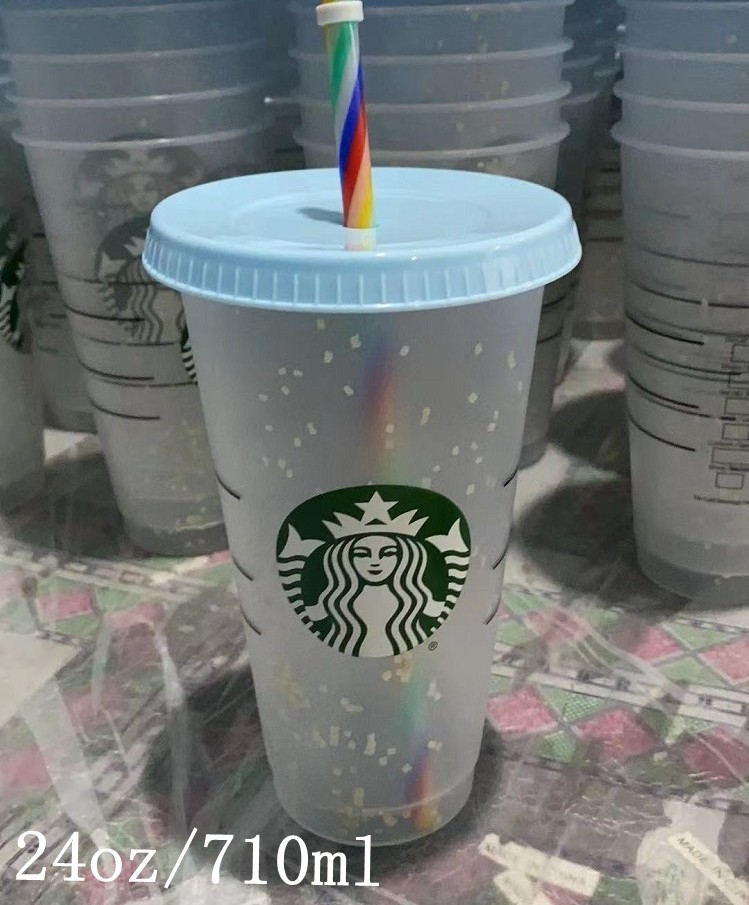 

Starbucks 24oz 16oz Plastic Mugs Mermaid Confetti Tumbler Goddess Gift Lid Reusable Clear Drinking Flat Bottom Straw Color Changing Flash Black Cups Free DHL, As picture