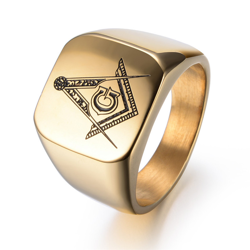 

Retro Style Stainless Steel Ring Hip-hop Gold Men's Fashion Freemason Masonic Signet Rings With Black Mason Symbol Deep Clear Corrosion