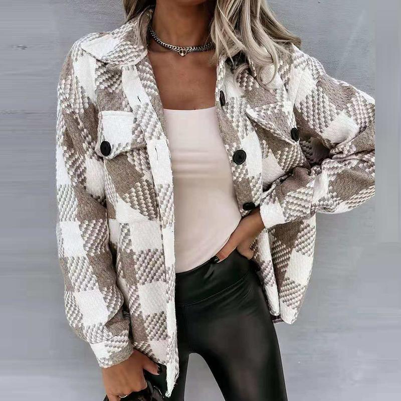 

Women' Jackets 2021 Autumn Vintage Plaid Shirt Coat Women Fashion Buttons Long Sleeve Loose Female Jacket Lapel Outwear Streetwear, 04 plaid