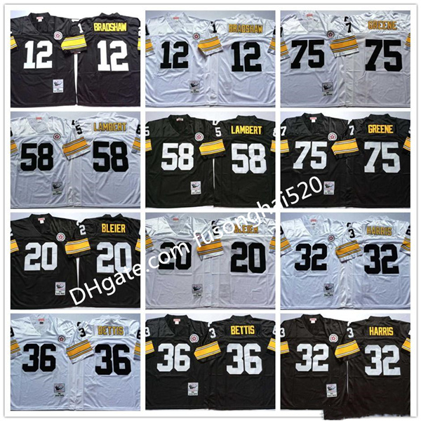 

NCAA 12 Terry Bradshaw 20 Rocky Bleier 32 Franco Harris 36 Jerome Bettis 58 Jack Lambert 75 Joe Greene White Black Home Away College Jerseys