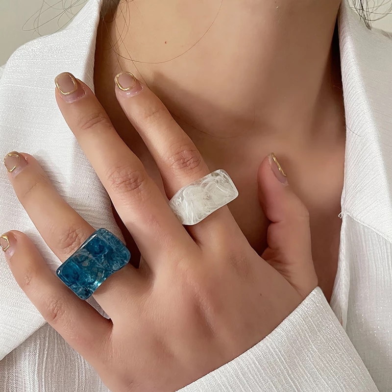 

Multicolor Transparent Acrylic Irregular Marble Pattern Ring Resin Tortoise Vintage Rings for Women Girls Jewelry