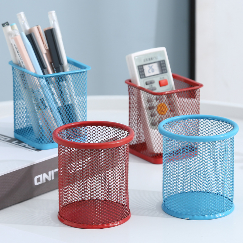 

Colored Round Grid Iron Metal Square Hollow Out Pen Holder Student Stationery Desktop Office Supplies Storage Ornaments
