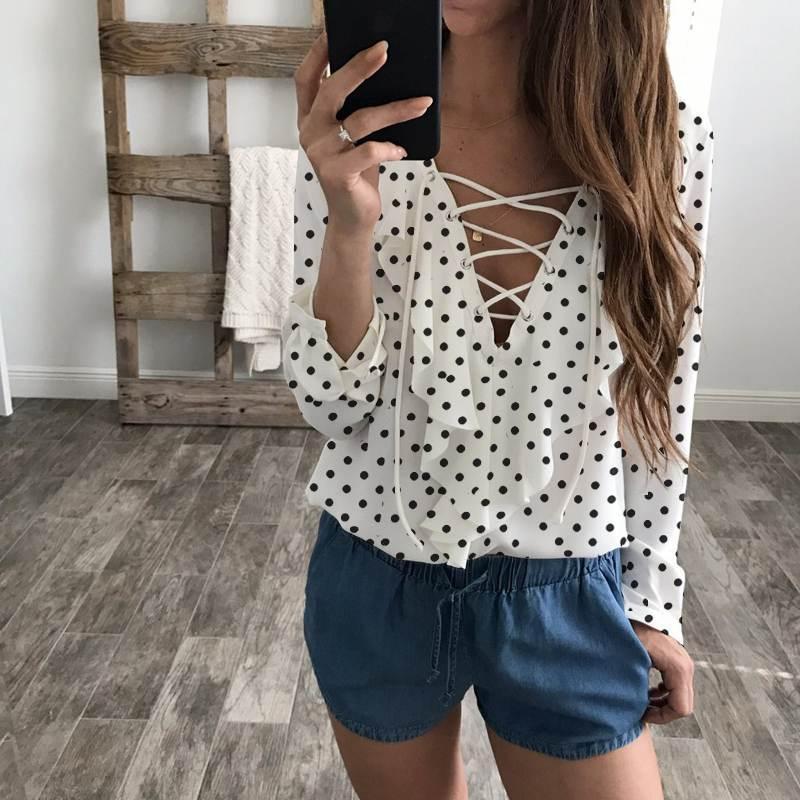 

Women's Blouses & Shirts Women Sexy V Neck Blouse 2021 Celmia Summer Stylish Long Sleeve Polka Dot Tops Lace Up Casual Loose Chiffon Shirt S, Black