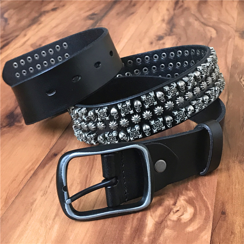 

2021 New Heavy Metal Rivet Cowboy Punk Belt Genuine Leather Skull Jeans Belts for Men Vintage Ceinture Homme Male Strap Mbt0517 Xtms, Black