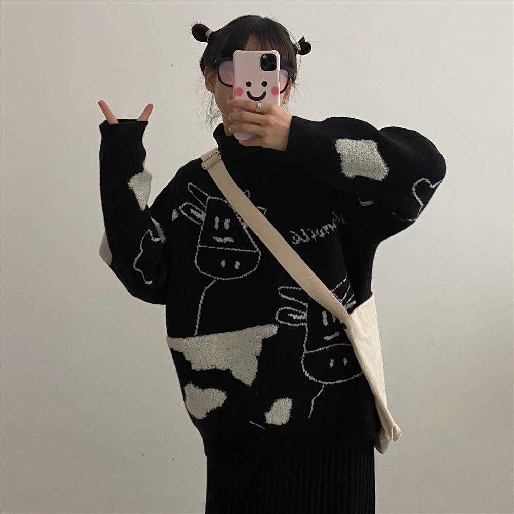

Cartoon Cow Print Women Sweaters Autumn O Neck Long Sleeve Soft Loose Pullover Winter Warm Korean Harajuku Knitted Jumper Female 210526, White