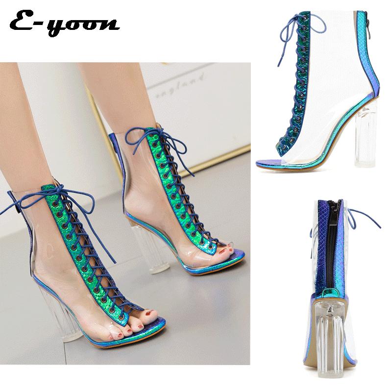 

Sandals Summer Sexy PVC Transparent Boots Peep Toe Shoes Clear Chunky Heels Lace-Up Mujer Blue Women 11CM