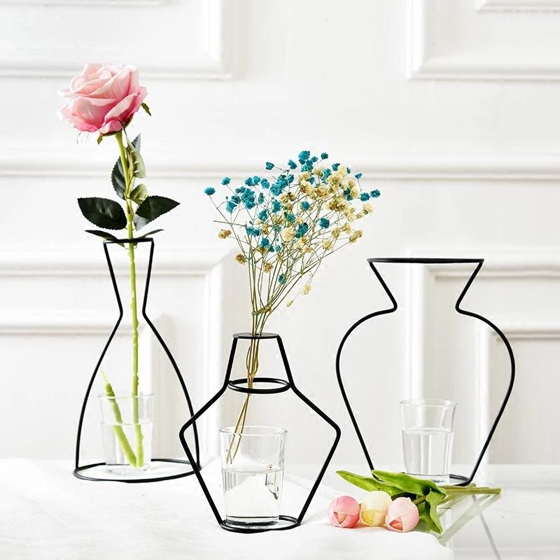 

Vases 1Pcs Black Iron Line Flowers Vase Retro Metal Flower Pot Basket Plant Holder For Home Garden Decor Wedding Gifts