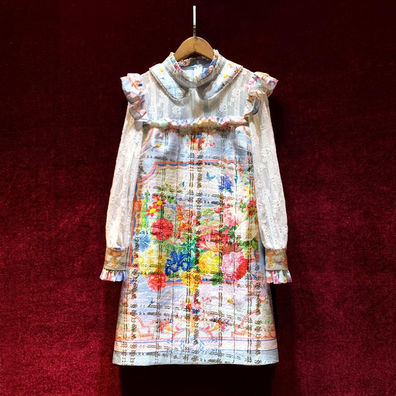 

Casual Dresses European And American Women' Autumn 2021 Long Sleeve Stand-up Collar Lace Mosaic Rainbow Print Jacquard Fashionable Dress, Multi