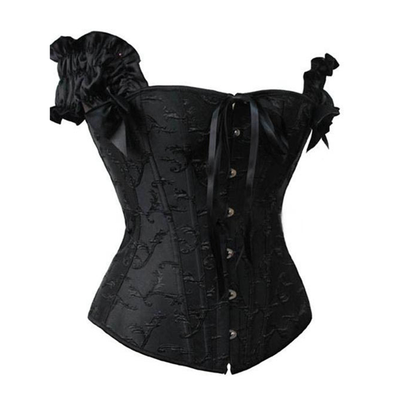 

Woman Bustiers Hot Sexy Embroidered Full Steel Bones Corset Cap Sleeves Fashion Bustiers Satin Corset, Black