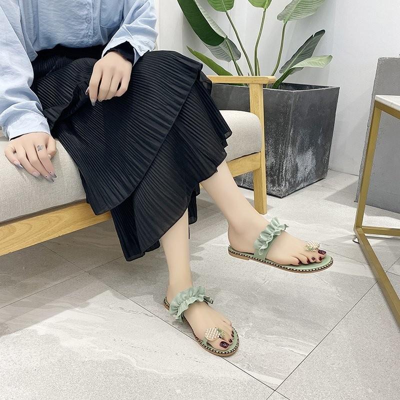 

Slippers Korean Round Head Open Toe Net Red Pineapple Pearl Rhinestone Fashion Temperament Women's Slippe 2021, Beige