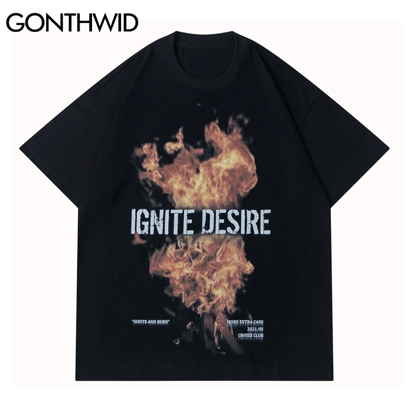

T-Shirts Harajuku Hip Hop Burning Fire Flame Print Tees Shirts Casual Streetwear Cotton Summer Fashion Men Tshirts Tops 210602, Black