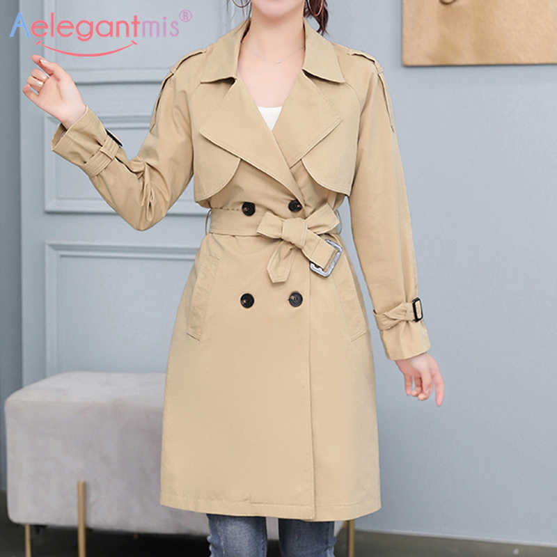 

Aelegantmis Vintage Casual Long Trench Coat Women with Belt Elegant Double Breasted Windbreaker Korea Chic Office Lady Outerwear 210607, Khaki