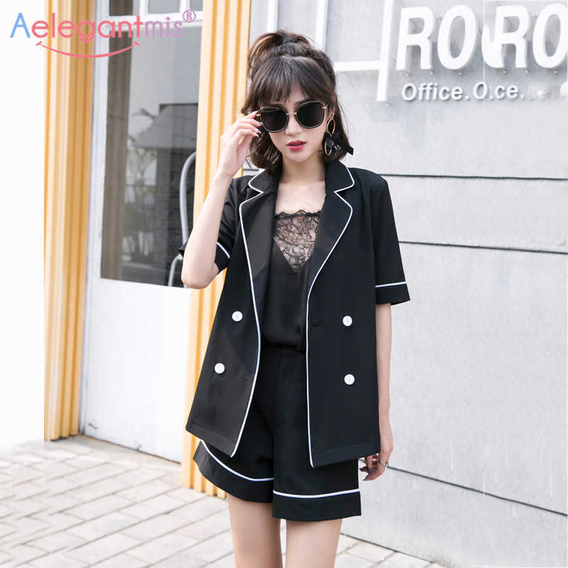 

Aelegantmis Summer Fashion Women 2 Pieces Set Short and Blazer Female High Street Casual Sleeve Blazers s Suit 210607, Sky blue