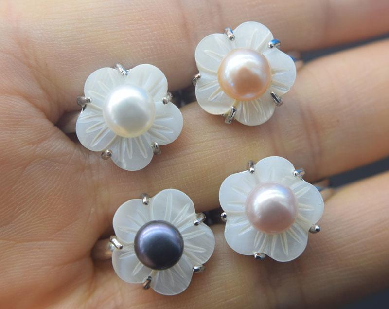

Cluster Rings Freshwater Pearl White Black Pink Purple Shell Flower Ring Wholesale Beads Nature FPPJ 2021, Golden;silver
