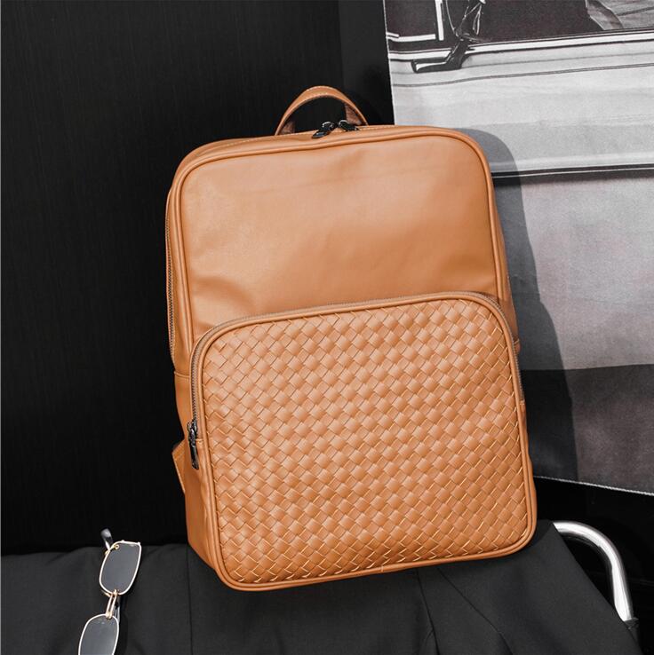 

Factory wholesale men brand shoulder bag outdoor simple casual leather backpacks college wind woven fashion backpack street trend solid color mens handbag, Black